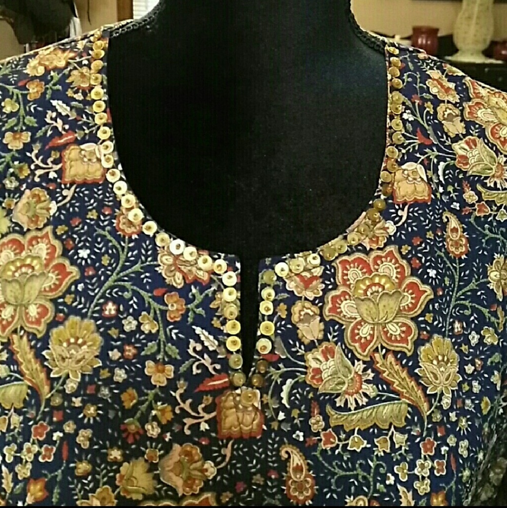 Navy and gold floral blouse